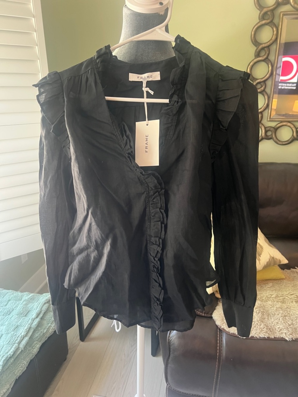 Frame Denim Black Ruffle-Trim Long-Sleeve Shirt Blouse